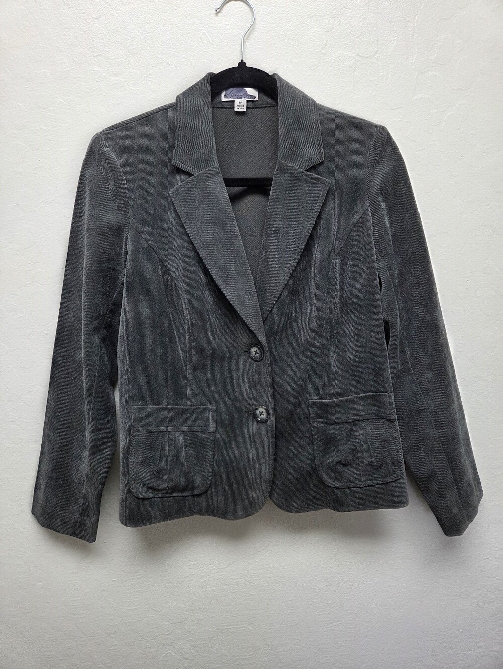 Kim Rogers Charcoal Gray Corduroy Blazer Jacket Size 8 Petite Fall Career Office